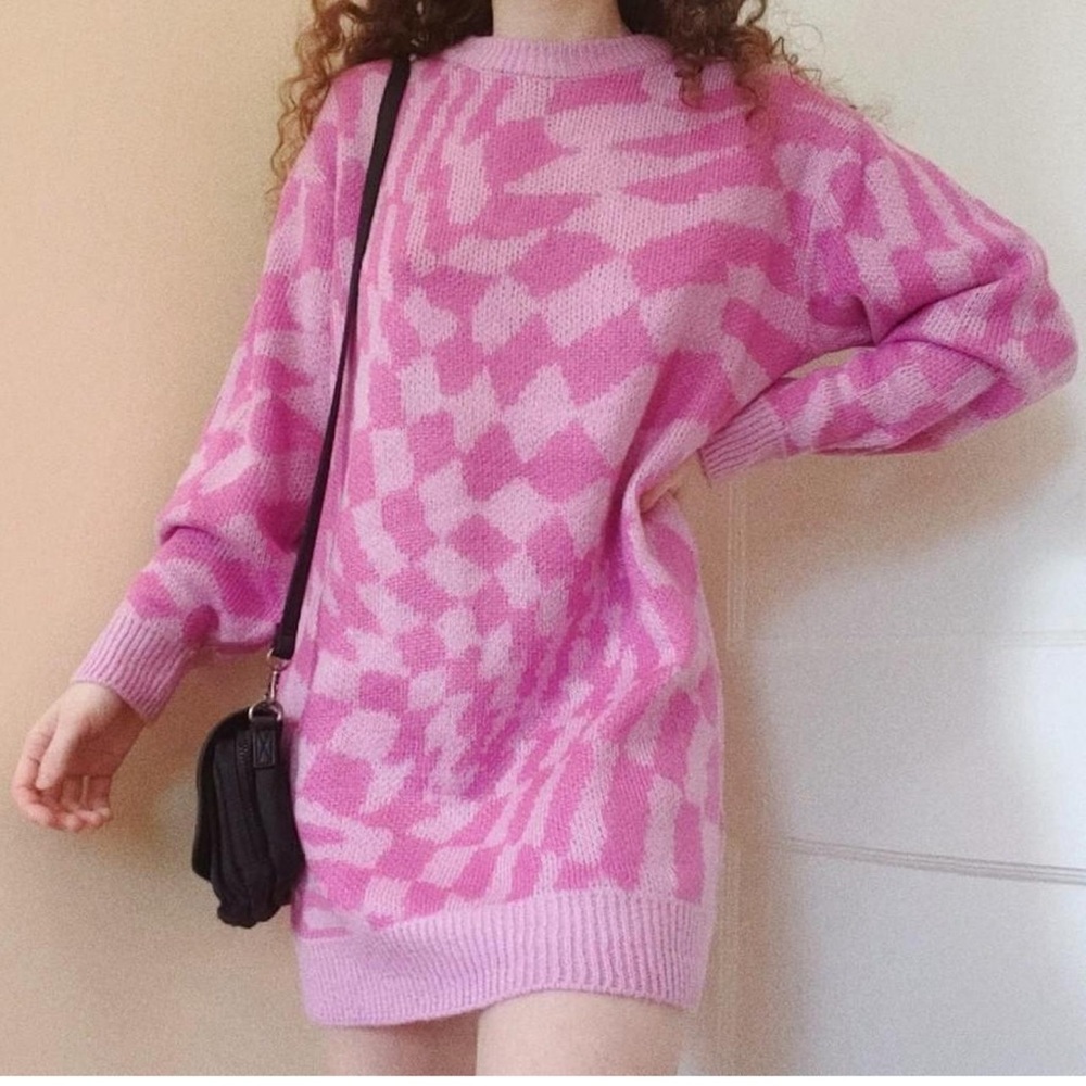 H&M Pink Psychedelic Checkerboard Pattern Sweaterdress, Sz S